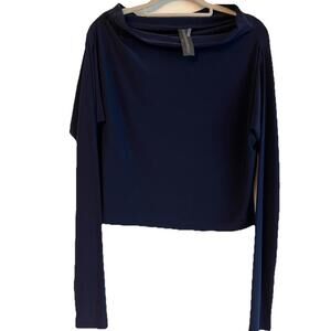 Norma Kamali Cropped Boyfriend Crew Neck Top -  Navy - Size S - NWOT